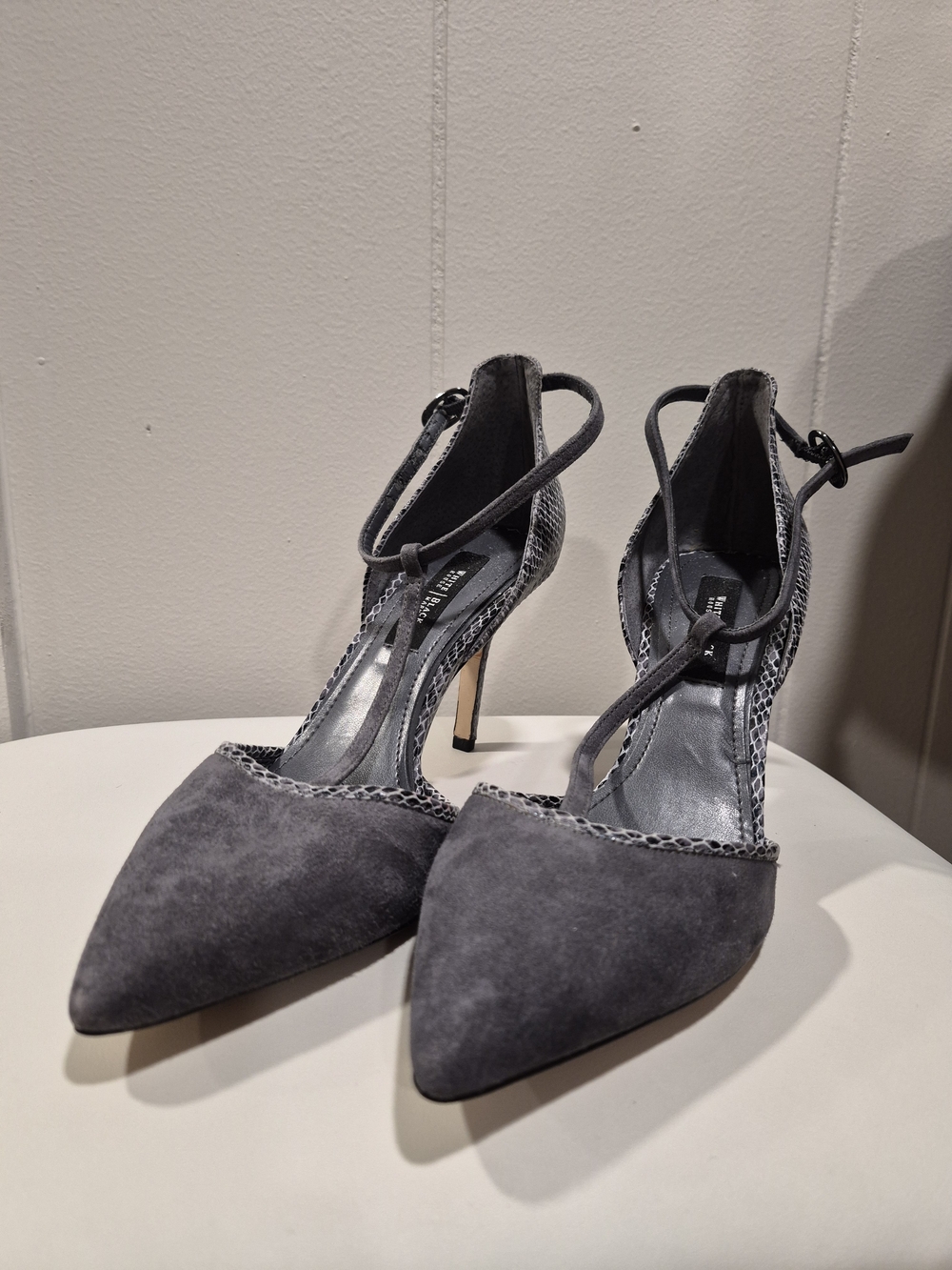 White House Black Market Gray Suede Pointed-Toe Ankle-Strap Heels